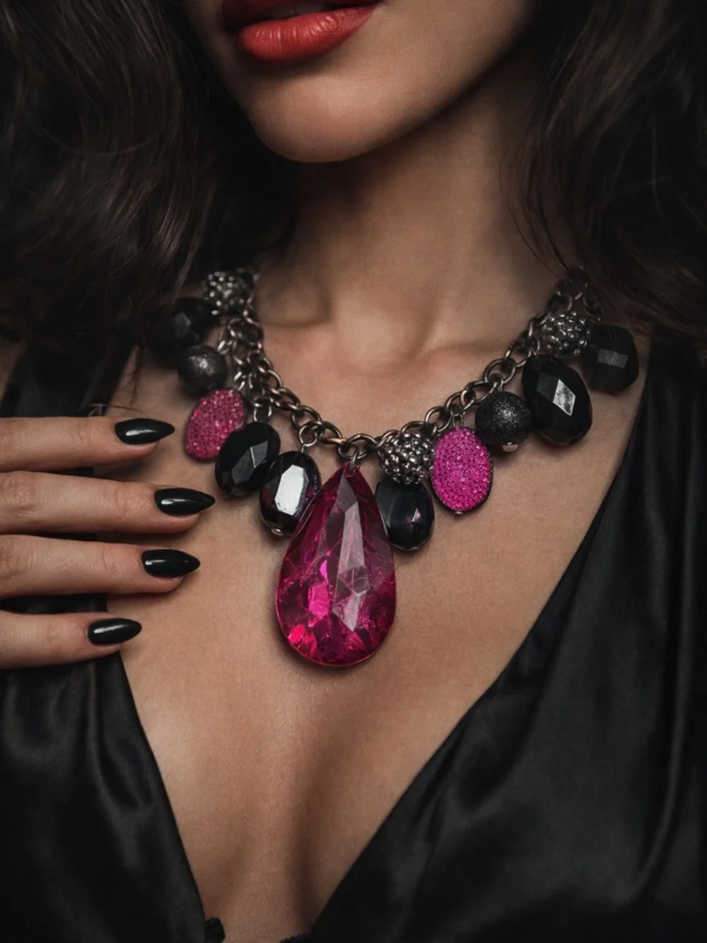Chunky Black & Dark Pink Statement Necklace Y2K Glam Adjustable